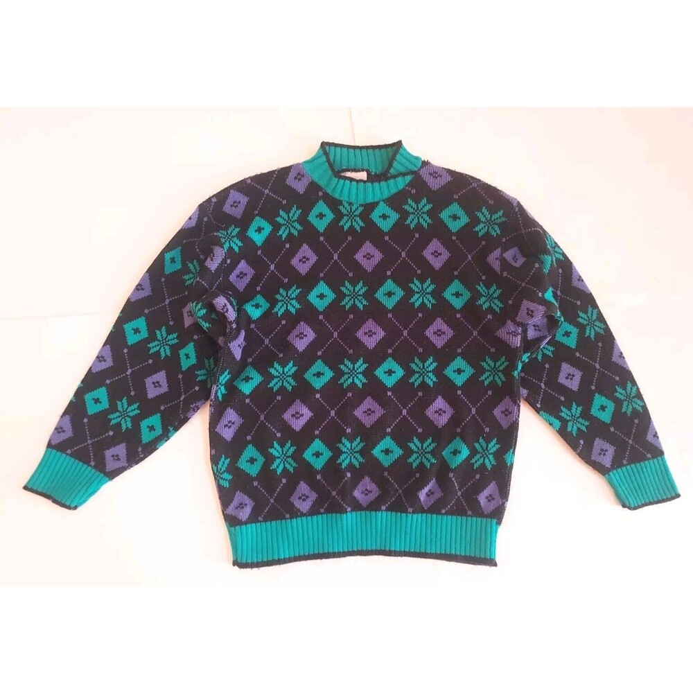 Ladies Vintage 1980s KR Of NY Black Aqua Purple Graphic Sweater USA Size M